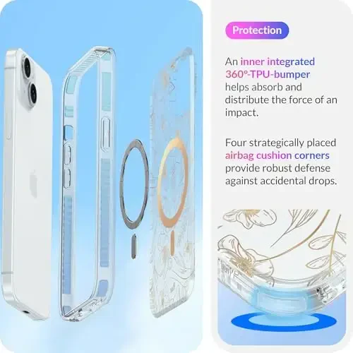 LONLI Hue - iPhone 15 uchun magnitli g'ilof - [Magsafe bilan mos] - [360° zarbani yutuvchi bamper] - [Qizlar va ayollar uchun yoqimli va noyob telefon qopqog'i] - Oltin gul naqshli - 5