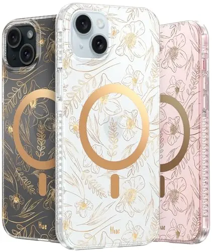 LONLI Hue - iPhone 15 uchun magnitli g'ilof - [Magsafe bilan mos] - [360° zarbani yutuvchi bamper] - [Qizlar va ayollar uchun yoqimli va noyob telefon qopqog'i] - Oltin gul naqshli 