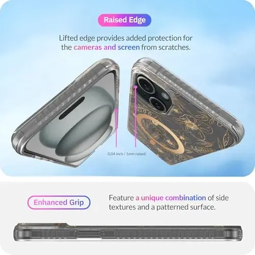 LONLI Hue - iPhone 15 uchun magnitli g'ilof - [Magsafe bilan mos] - [360° zarbani yutuvchi bamper] - [Qizlar va ayollar uchun yoqimli va noyob telefon qopqog'i] - Oltin gul naqshli - 6