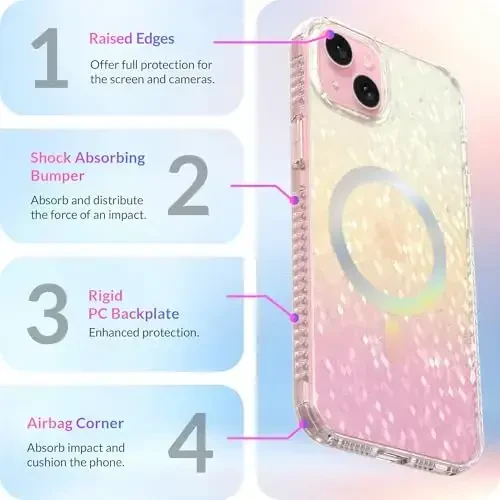 LONLI Hue - iPhone 15 uchun prizmatik kamalak olmos qirrali yorqin magnitli telefon qutisi - [Magsafe bilan mos] - [Yorqin porlash, hashamatli yaltiroq himoya] - iPhone 15 uchun - 6
