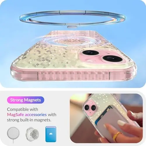LONLI Hue - iPhone 15 uchun prizmatik kamalak olmos qirrali yorqin magnitli telefon qutisi - [Magsafe bilan mos] - [Yorqin porlash, hashamatli yaltiroq himoya] - iPhone 15 uchun - 3