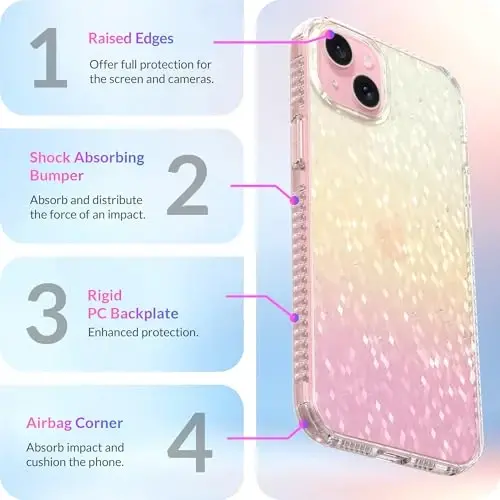 LONLI Hue - iPhone 15 uchun prizmatik kamalak olmos qirrali yorqin telefon g'ilofi - [Yorqin porlash, hashamatli yaltiroq himoya] - [360° zarbani yutuvchi bamper] - iPhone 15 uchun - 6