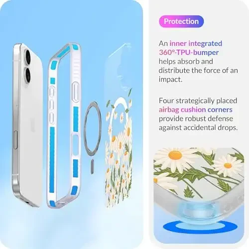 LONLI Hue - Magnetic Case for iPhone 16 - [Compatible with Magsafe] - [360° Shock-Absorbent Bumper] - [Cute and Unique Phone Cover for Girls and Women] - Daisy Garden - 4