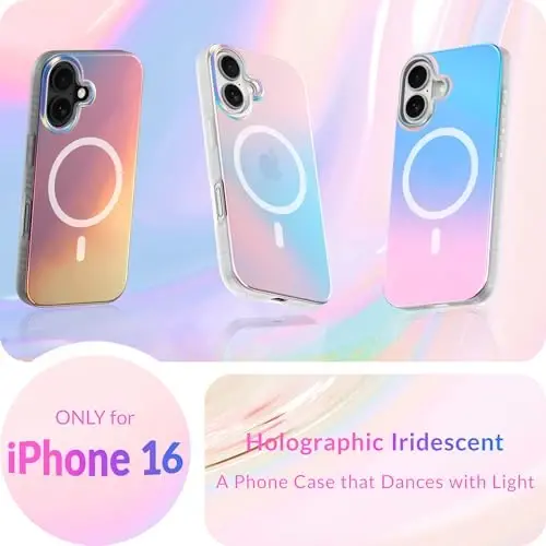 LONLI Hue - Magnetic Case for iPhone 16 - [Compatible with Magsafe] - [360° Shock-Absorbent Bumper] - [Cute and Unique Phone Cover for Girls and Women] - Fluorescent Holographic Iridescent - 2