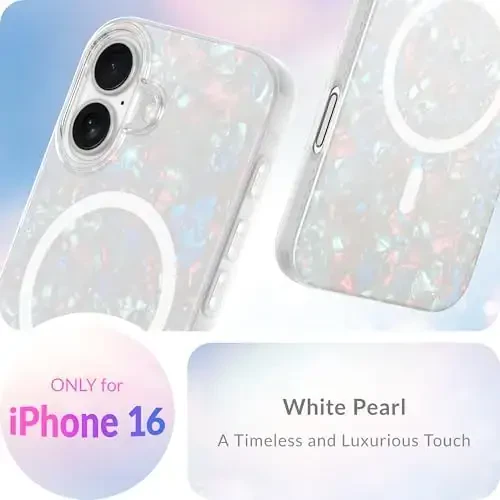 LONLI Hue - Magnetic Case for iPhone 16 - [Compatible with Magsafe] - [360° Shock-Absorbent Bumper] - [Cute and Unique Phone Cover for Girls and Women] - White Pearl Tort - 2