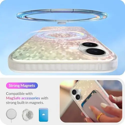 LONLI Hue - iPhone 16 için Prizmatik Gökkuşağı Elmas Yüzeyli Parıltılı Manyetik Telefon Kılıfı - [Magsafe Uyumlu] - [Parıltılı Parlak Yüzey, Lüks Sim Koruma] - iPhone 16 için - 3