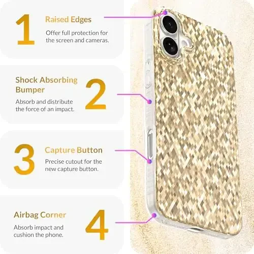 LONLI Hue - Champagne Gold Diamond Facet Sparkling Phone Case for iPhone 16 - [Sparkle Glow Finish, Luxe Glitter Protection] - [360° Shock-Absorbent Bumper] - for iPhone 16 - 6
