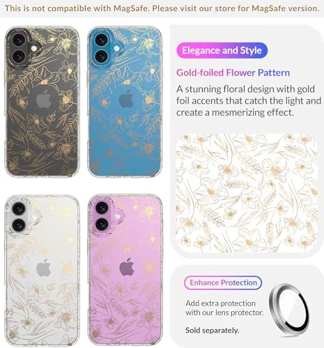 LONLI Hue Case for iPhone 16 - [360° Shock-Absorbent Bumper] - [Cute and Unique Phone Cover for Girls and Women] - Gold Floral - 3