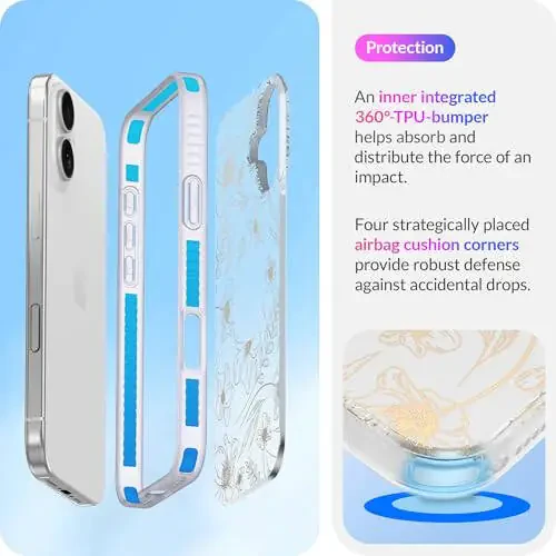 LONLI Hue Case for iPhone 16 - [360° Shock-Absorbent Bumper] - [Cute and Unique Phone Cover for Girls and Women] - Gold Floral - 4