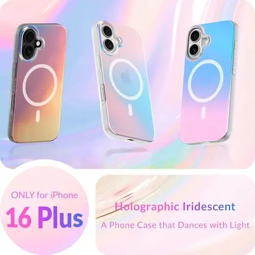 LONLI Hue - Magnetic Case for iPhone 16 Plus - [Compatible with Magsafe] - [360° Shock-Absorbent Bumper] - [Cute and Unique Phone Cover for Girls and Women] - Fluorescent Holographic Iridescent - 2