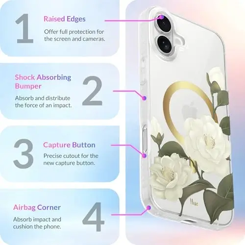 LONLI Hue - Magnetic Case for iPhone 16 Plus - [Compatible with Magsafe] - [360° Shock-Absorbent Bumper] - [Cute and Unique Phone Cover for Girls and Women] - Camellia - 6