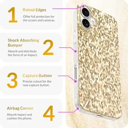 LONLI Hue - Champagne Gold Diamond Facet Sparkling Phone Case for iPhone 16 Plus - [Sparkle Glow Finish, Luxe Glitter Protection] - [360° Shock-Absorbent Bumper] - for iPhone 16 Plus - 6