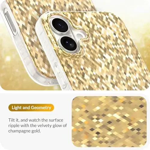LONLI Hue - iPhone 16 Plus uchun Champagne Gold Diamond Facet Sparkling Phone Case - [Sparkle Glow Finish, Luxe Glitter Protection] - [360° Zarba yutuvchi Bumper] - iPhone 16 Plus uchun - 3
