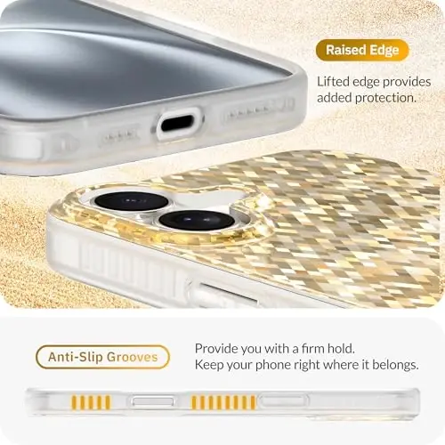 LONLI Hue - iPhone 16 Plus uchun Champagne Gold Diamond Facet Sparkling Phone Case - [Sparkle Glow Finish, Luxe Glitter Protection] - [360° Zarba yutuvchi Bumper] - iPhone 16 Plus uchun - 5