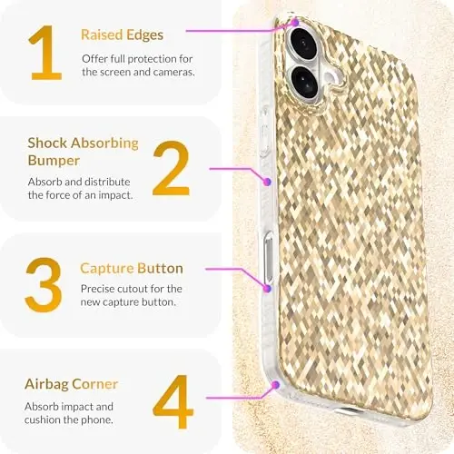 LONLI Hue - iPhone 16 Plus uchun Champagne Gold Diamond Facet Sparkling Phone Case - [Sparkle Glow Finish, Luxe Glitter Protection] - [360° Zarba yutuvchi Bumper] - iPhone 16 Plus uchun - 6