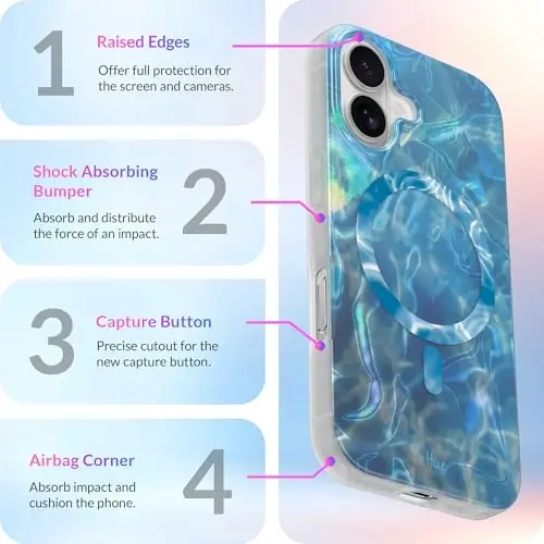 LONLI Hue - iPhone 16 Plus uchun magnit g‘ilof - [Magsafe bilan mos keladi] - [360° zarbani yutuvchi bamper] - [Qizlar va ayollar uchun yoqimli va o‘ziga xos telefon g‘ilofi] - Okean to‘lqini - 5