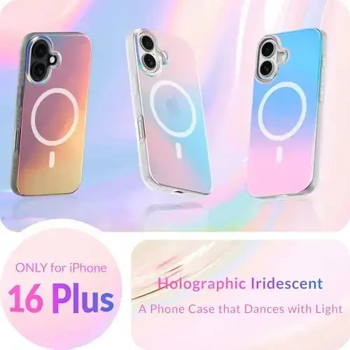 LONLI Hue - iPhone 16 Plus uchun magnitli g'ilof - [Magsafe bilan mos] - [360° zarbani yutuvchi bamper] - [Qizlar va ayollar uchun yoqimli va noyob telefon qopqog'i] - Fluorescent Holographic Iridescent - 2