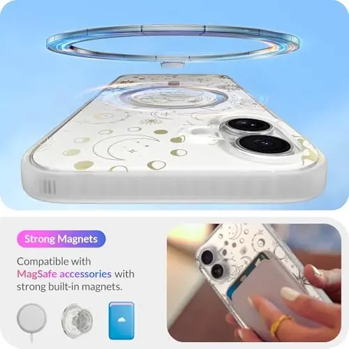 LONLI Hue - iPhone 16 Plus uchun magnitli g'ilof - [Magsafe bilan mos] - [360° zarbani yutuvchi bamper] - [Qizlar va ayollar uchun yoqimli va noyob telefon qopqog'i] - Kosmik yulduzlar - 3