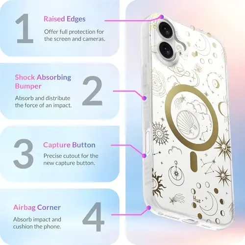 LONLI Hue - iPhone 16 Plus uchun magnitli g'ilof - [Magsafe bilan mos] - [360° zarbani yutuvchi bamper] - [Qizlar va ayollar uchun yoqimli va noyob telefon qopqog'i] - Kosmik yulduzlar - 6