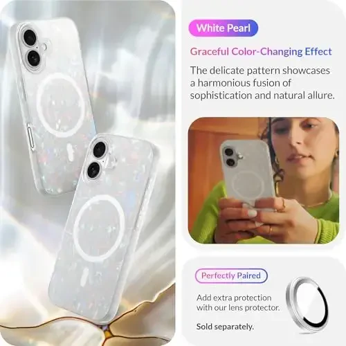LONLI Hue - iPhone 16 Plus uchun magnitli g'ilof - [Magsafe bilan mos] - [360° zarbani yutuvchi bamper] - [Qizlar va ayollar uchun yoqimli va noyob telefon qopqog'i] - Oq marvarid toshbaqa - 3