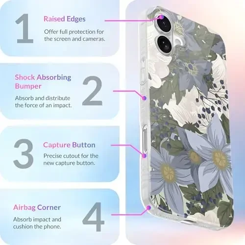 LONLI Hue - iPhone 16 Plus uchun magnitli g‘ilof - [Magsafe bilan mos keladi] - [360° zarbani yutuvchi bamper] - [Qizlar va ayollar uchun yoqimli va noyob telefon g‘ilofi] - Moviy gul - 6