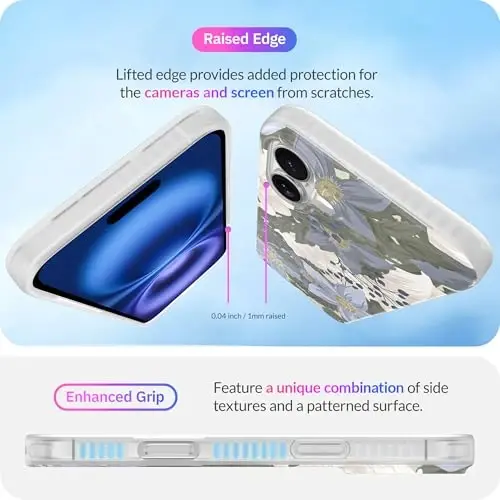LONLI Hue - iPhone 16 Plus uchun magnitli g‘ilof - [Magsafe bilan mos keladi] - [360° zarbani yutuvchi bamper] - [Qizlar va ayollar uchun yoqimli va noyob telefon g‘ilofi] - Moviy gul - 5