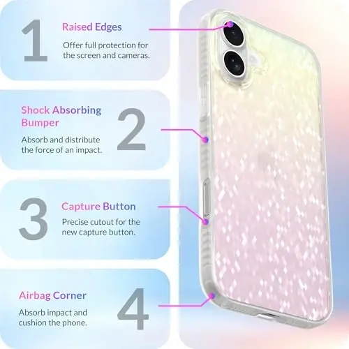 LONLI Hue - iPhone 16 Plus uchun Prismatic Rainbow Diamond Facet Sparkling telefon qutisi - [Sparkle Glow Finish, Luxe Glitter Protection] - [360° zarbani yutuvchi bamper] - iPhone 16 Plus uchun - 6