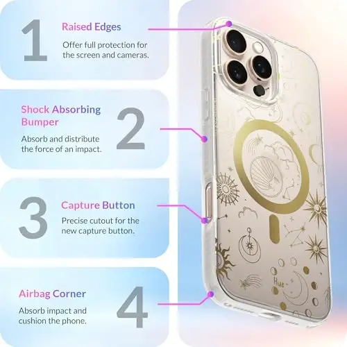 LONLI Hue - Magnetic Case for iPhone 16 Pro - [Compatible with Magsafe] - [360° Shock-Absorbent Bumper] - [Cute and Unique Phone Cover for Girls and Women] - Cosmic Stars - 6