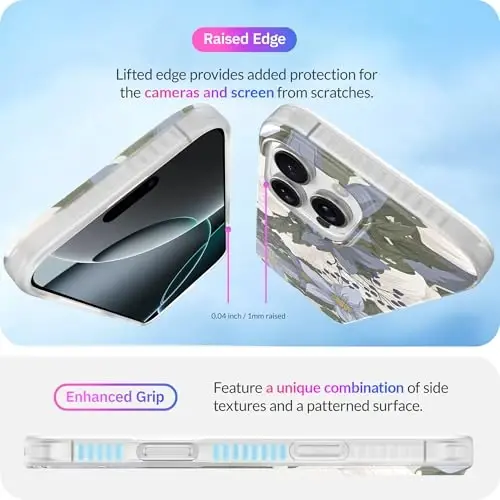 LONLI Hue - Magnetic Case for iPhone 16 Pro - [Compatible with Magsafe] - [360° Shock-Absorbent Bumper] - [Cute and Unique Phone Cover for Girls and Women] - Blue Flower - 5