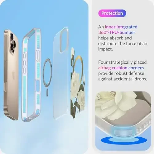 LONLI Hue - Magnetic Case for iPhone 16 Pro - [Compatible with Magsafe] - [360° Shock-Absorbent Bumper] - [Cute and Unique Phone Cover for Girls and Women] - Camellia - 4