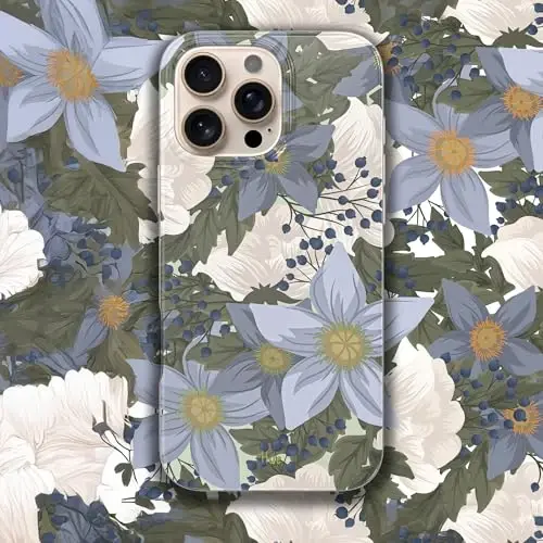 LONLI Hue - Magnetic Case for iPhone 16 Pro Max - [Compatible with Magsafe] - [360° Shock-Absorbent Bumper] - [Cute and Unique Phone Cover for Girls and Women] - Blue Flower - 2