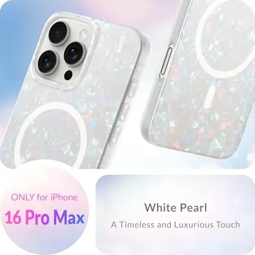 LONLI Hue - Magnetic Case for iPhone 16 Pro Max - [Compatible with Magsafe] - [360° Shock-Absorbent Bumper] - [Cute and Unique Phone Cover for Girls and Women] - White Pearl Tort - 2