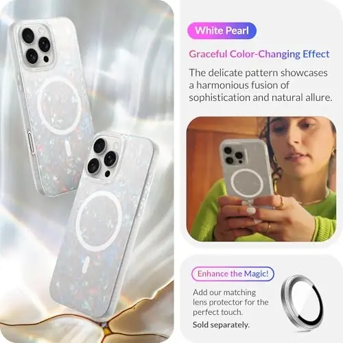 LONLI Hue - Magnetic Case for iPhone 16 Pro Max - [Compatible with Magsafe] - [360° Shock-Absorbent Bumper] - [Cute and Unique Phone Cover for Girls and Women] - White Pearl Tort - 3