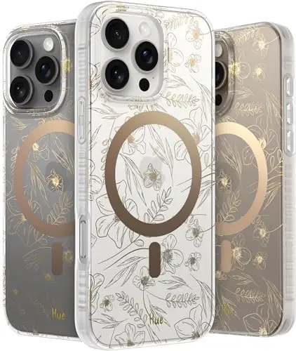 LONLI Hue - iPhone 16 Pro Max için Manyetik Kılıf - [Magsafe Uyumlu] - [360° Darbe Emici Tampon] - [Kızlar ve Kadınlar için Şirin ve Eşsiz Telefon Kılıfı] - Altın Çiçekli 