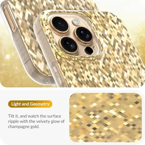 LONLI Hue - iPhone 16 Pro Max uchun Champagne Gold Diamond Facet Sparkling Phone Case - [Sparkle Glow Finish, Luxe Glitter Protection] - [360° Shock-Absorbent Bumper] - iPhone 16 Pro Max uchun - 3