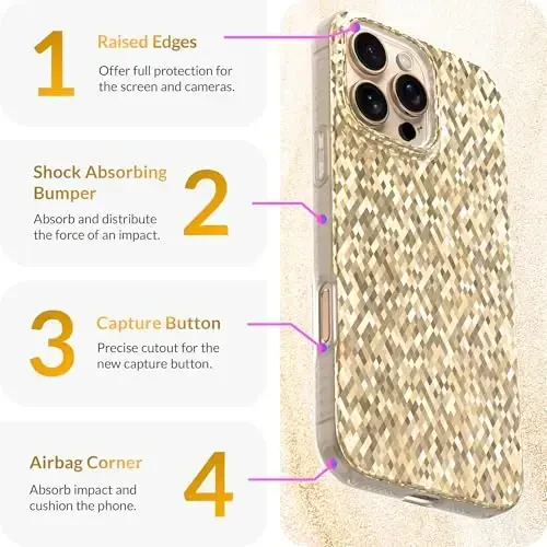 LONLI Hue - iPhone 16 Pro Max uchun Champagne Gold Diamond Facet Sparkling Phone Case - [Sparkle Glow Finish, Luxe Glitter Protection] - [360° Shock-Absorbent Bumper] - iPhone 16 Pro Max uchun - 6