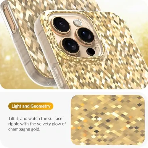 LONLI Hue - iPhone 16 Pro Max uchun Champagne Gold Diamond Facet Sparkling Phone Case - [Sparkle Glow Finish, Luxe Glitter Protection] - [360° Shock-Absorbent Bumper] - iPhone 16 Pro Max uchun - 3