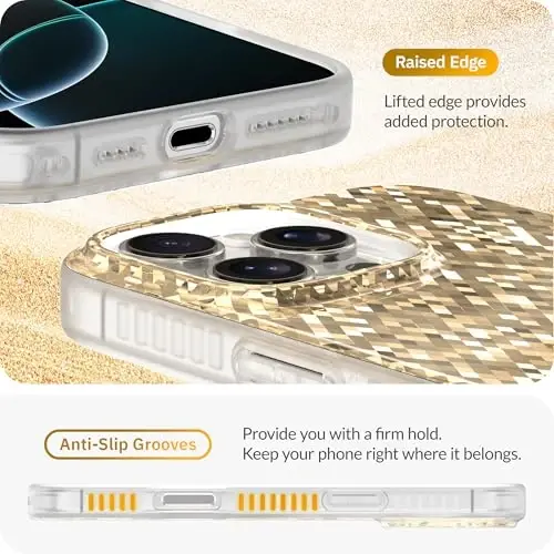 LONLI Hue - iPhone 16 Pro Max uchun Champagne Gold Diamond Facet Sparkling Phone Case - [Sparkle Glow Finish, Luxe Glitter Protection] - [360° Shock-Absorbent Bumper] - iPhone 16 Pro Max uchun - 5