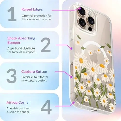 LONLI Hue - iPhone 16 Pro Max uchun magnitli g'ilof - [Magsafe bilan mos] - [360° zarbani yutuvchi bamper] - [Qizlar va ayollar uchun yoqimli va noyob telefon qopqog'i] - Daisy Garden - 6