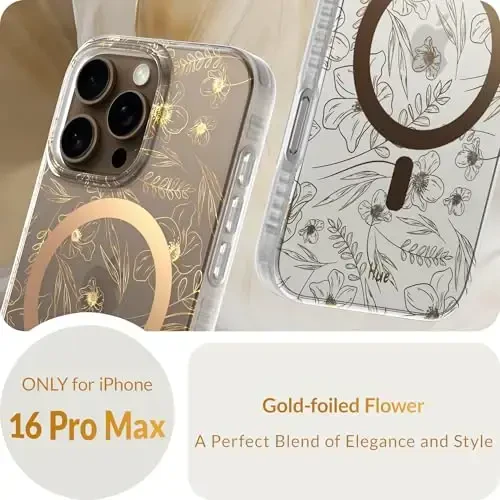 LONLI Hue - iPhone 16 Pro Max uchun magnitli g'ilof - [Magsafe bilan mos] - [360° zarbani yutuvchi bamper] - [Qizlar va ayollar uchun yoqimli va noyob telefon qopqog'i] - Oltin gul naqshli - 2