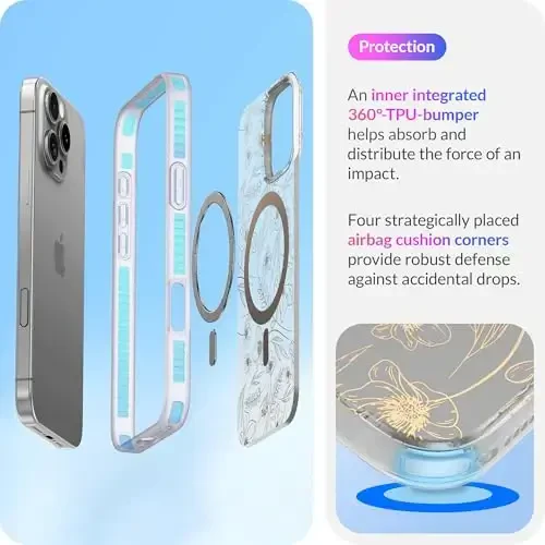 LONLI Hue - iPhone 16 Pro Max uchun magnitli g'ilof - [Magsafe bilan mos] - [360° zarbani yutuvchi bamper] - [Qizlar va ayollar uchun yoqimli va noyob telefon qopqog'i] - Oltin gul naqshli - 5