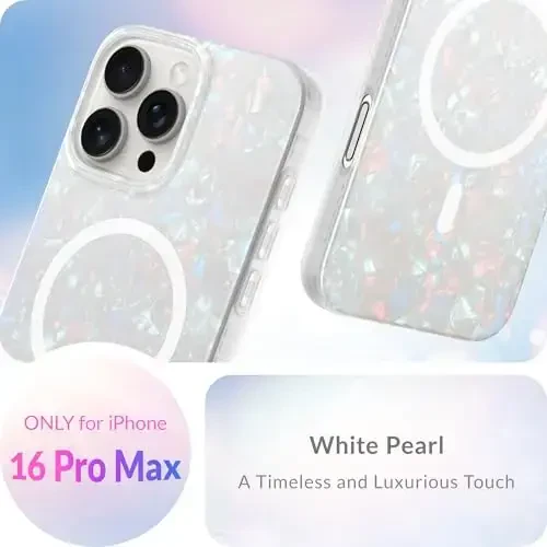 LONLI Hue - iPhone 16 Pro Max uchun magnitli g'ilof - [Magsafe bilan mos keladi] - [360° zarbani yutuvchi bamper] - [Qizlar va ayollar uchun chiroyli va noyob telefon qopqog'i] - Oq marvarid toshbaqa - 2