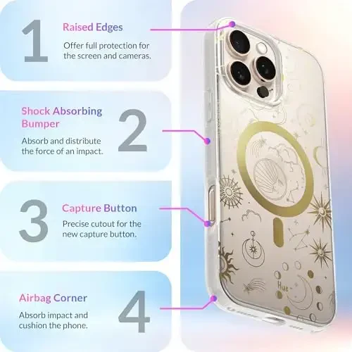LONLI Hue - iPhone 16 Pro Max uchun magnitli g'ilof - [Magsafe bilan mos keladi] - [360° zarbani yutuvchi bamper] - [Qizlar va ayollar uchun yoqimli va noyob telefon qopqog'i] - Kosmik Yulduzlar - 6