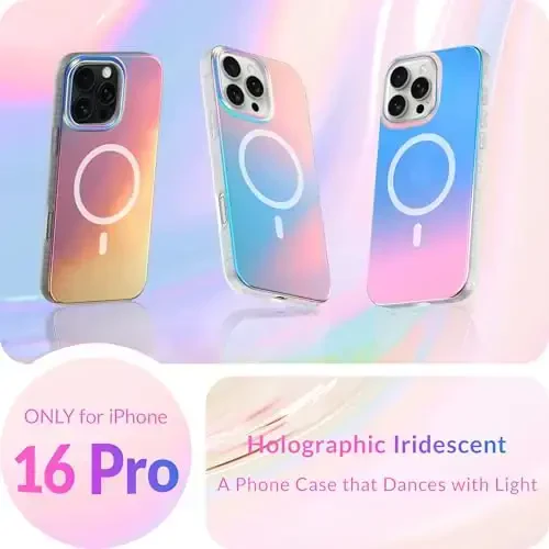 LONLI Hue - iPhone 16 Pro uchun magnitli g'ilof - [Magsafe bilan mos] - [360° zarbani yutuvchi bamper] - [Qizlar va ayollar uchun yoqimli va noyob telefon qopqog'i] - Fluorescent Holographic Iridescent - 2