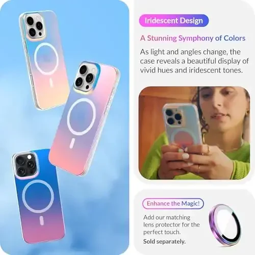 LONLI Hue - iPhone 16 Pro uchun magnitli g'ilof - [Magsafe bilan mos] - [360° zarbani yutuvchi bamper] - [Qizlar va ayollar uchun yoqimli va noyob telefon qopqog'i] - Fluorescent Holographic Iridescent - 3