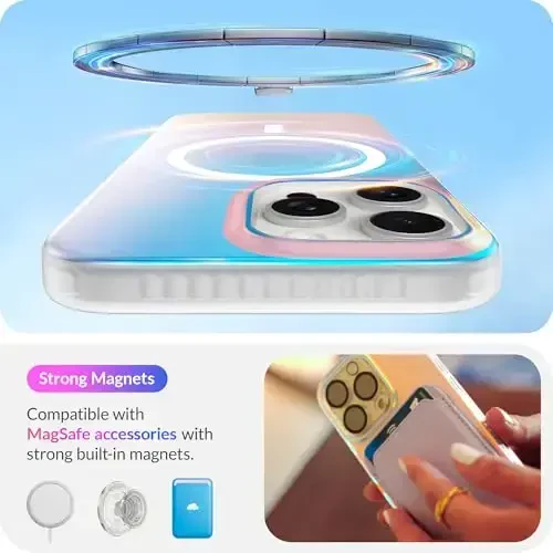 LONLI Hue - iPhone 16 Pro uchun magnitli g'ilof - [Magsafe bilan mos] - [360° zarbani yutuvchi bamper] - [Qizlar va ayollar uchun yoqimli va noyob telefon qopqog'i] - Fluorescent Holographic Iridescent - 4