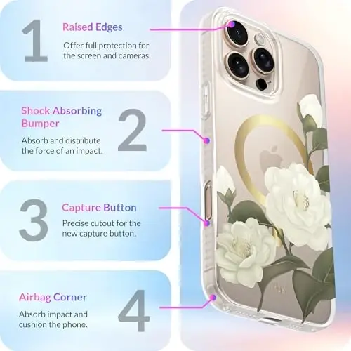 LONLI Hue - iPhone 16 Pro uchun magnitli g‘ilof - [Magsafe bilan mos] - [360° zarbani yutuvchi bamper] - [Qizlar va ayollar uchun yoqimli va noyob telefon qopqog‘i] - Kameliya - 6