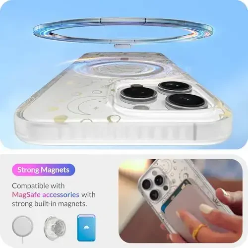 LONLI Hue - iPhone 16 Pro uchun magnitli g'ilof - [Magsafe bilan mos] - [360° zarbani yutuvchi bamper] - [Qizlar va ayollar uchun yoqimli va noyob telefon qopqog'i] - Kosmik yulduzlar - 3