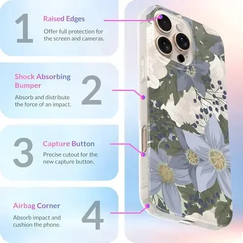LONLI Hue - iPhone 16 Pro uchun magnitli g'ilof - [Magsafe bilan mos] - [360° zarbani yutuvchi bamper] - [Qizlar va ayollar uchun yoqimli va noyob telefon qopqog'i] - Moviy gul - 6