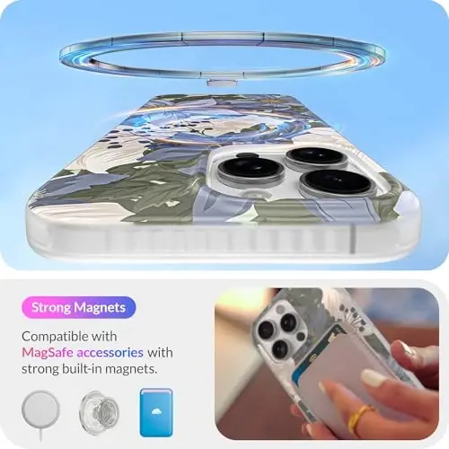 LONLI Hue - iPhone 16 Pro uchun magnitli g'ilof - [Magsafe bilan mos] - [360° zarbani yutuvchi bamper] - [Qizlar va ayollar uchun yoqimli va noyob telefon qopqog'i] - Moviy gul - 3